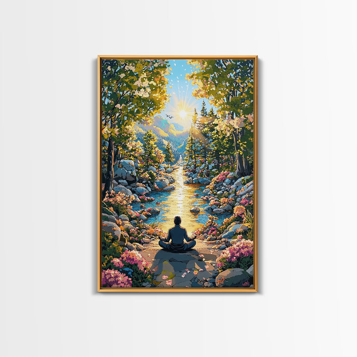 Golden Mountain River Meditation Canvas Print, Sunlit Nature Wall Art, Peaceful Zen Decor, Calming Living Room Art, Housewarming Gift