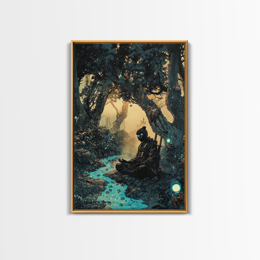 Meditating Samurai In Glowing Forest Stream Wall Art, Japanese Zen Decor, Fantasy Landscape Print, Moody Office Decor Gift