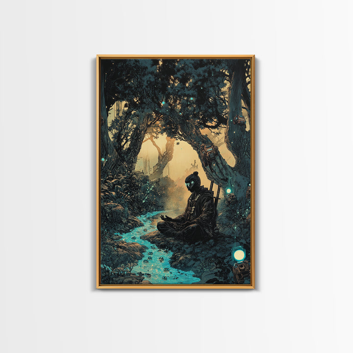 Meditating Samurai In Glowing Forest Stream Wall Art, Japanese Zen Decor, Fantasy Landscape Print, Moody Office Decor Gift