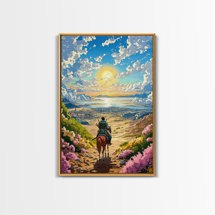 Samurai Rider Above Sunlit Ocean Valley Canvas Print, Japanese Landscape Wall Art, Coastal Mountain Decor, Colorful Print