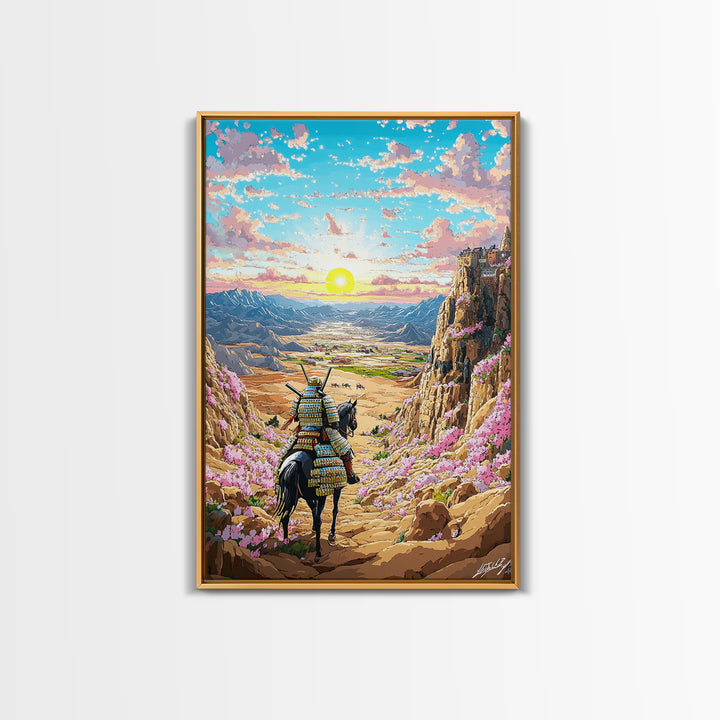 Armored Samurai Horse In Desert Canyon Sunrise Framed Canvas Print, Japanese Western Wall Art, Mountain Landscape Home Decor