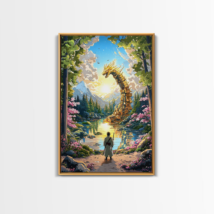 Golden Dragon Over Mountain Lake Canvas Print, Japanese Fantasy Art, Cherry Blossom Wall Decor, Samurai Living Room Art Print