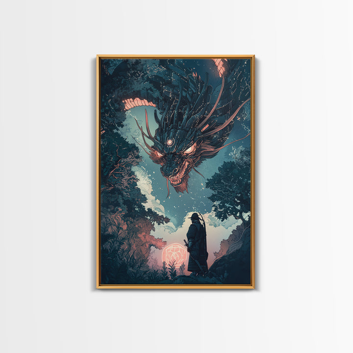 Dark Mechanical Dragon And Samurai Wall Art, Japanese Fantasy Poster, Cyberpunk Decor, Moody Sci Fi Living Room Art Print