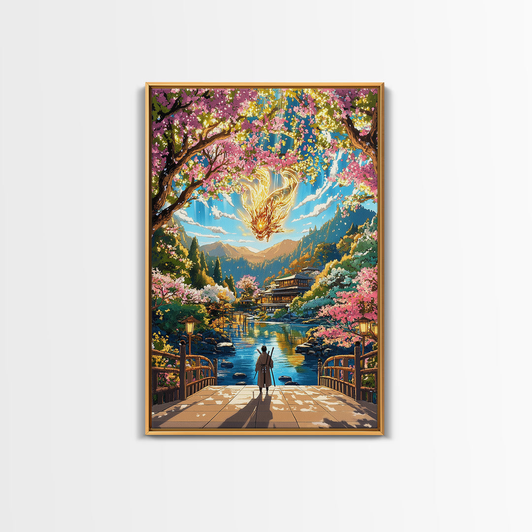 Glowing Dragon Above Cherry Blossom River Framed Canvas Print, Japanese Garden Wall Art, Colorful Fantasy Home Decor Print