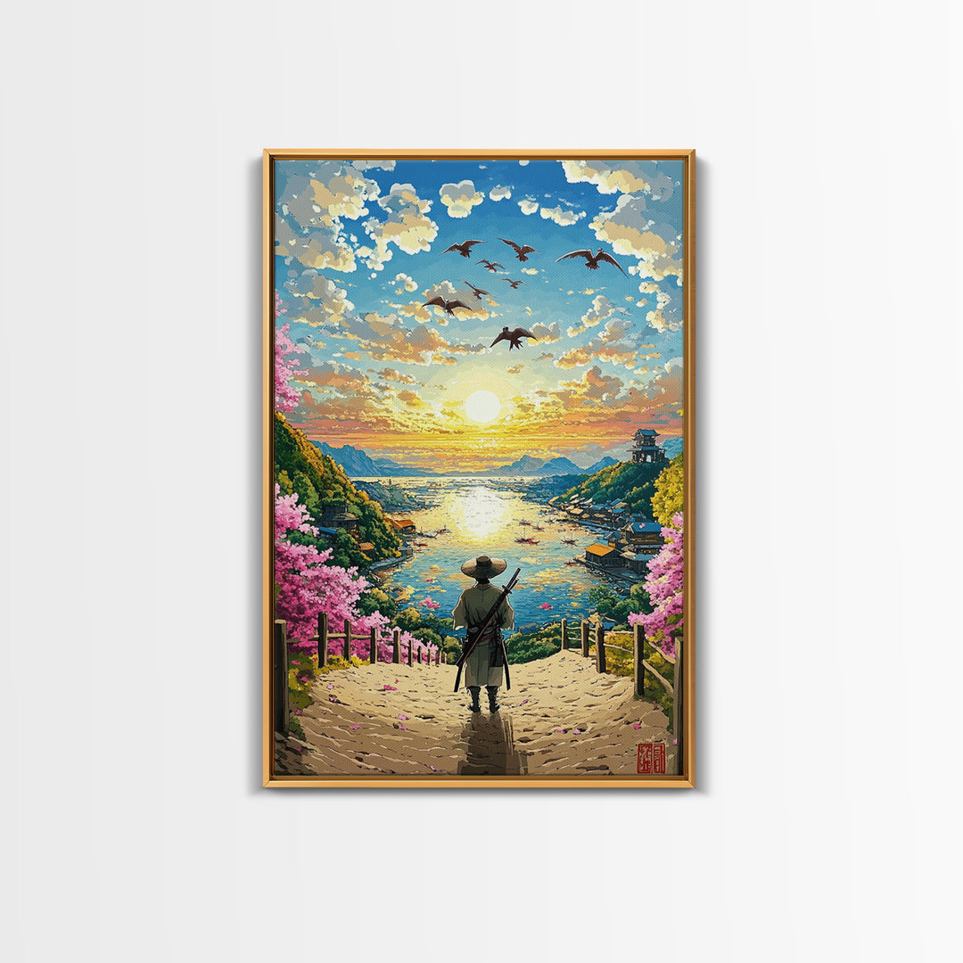 Samurai Overlooking Golden Coastal Village Wall Art, Japanese Seascape Print, Cherry Blossom Decor, Serene Living Room Art