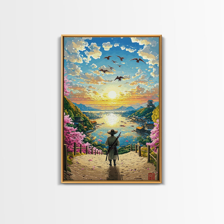 Samurai Overlooking Golden Coastal Village Wall Art, Japanese Seascape Print, Cherry Blossom Decor, Serene Living Room Art