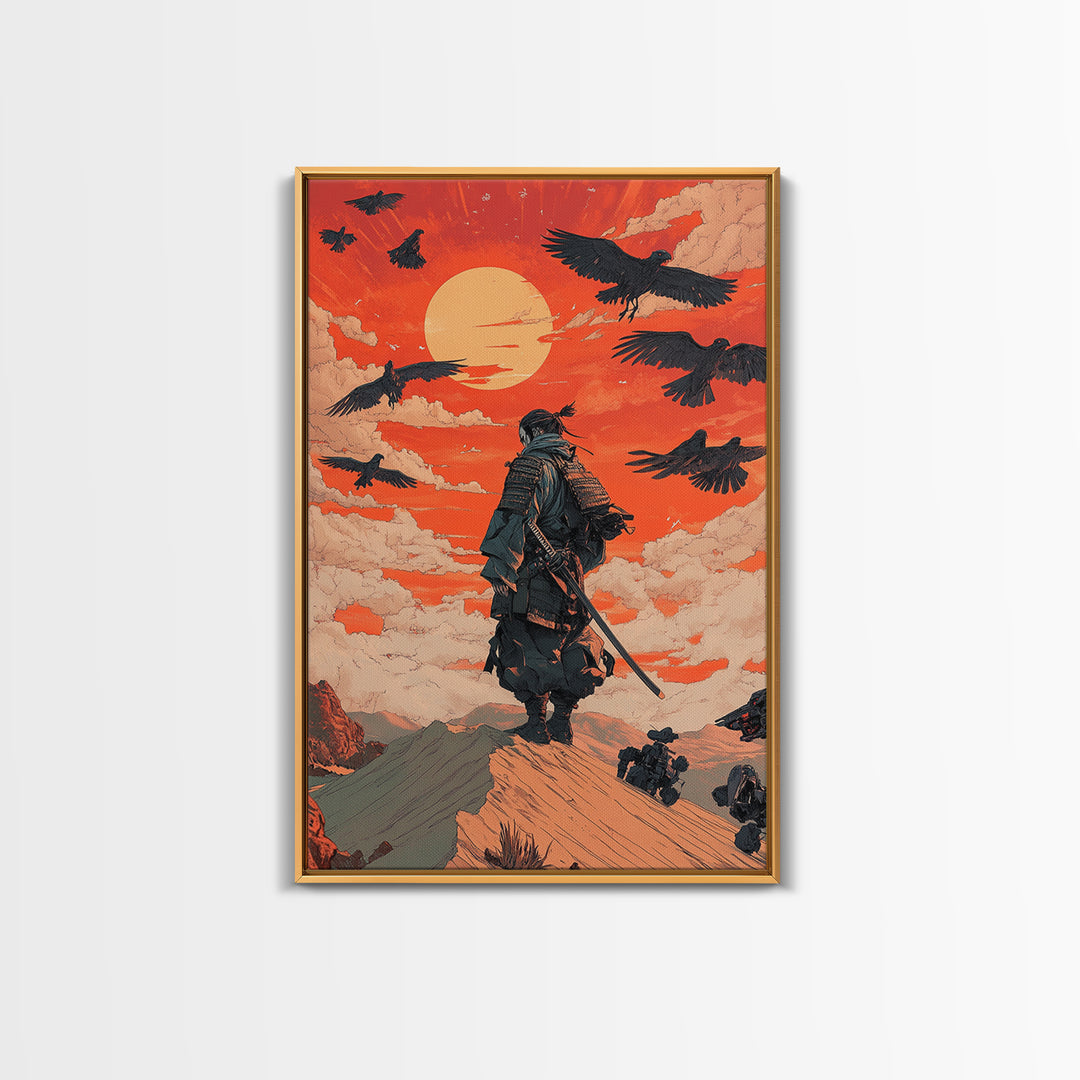 Armored Samurai Beneath Red Sunset And Ravens Canvas Print, Japanese Warrior Wall Art, Desert Fantasy Poster, Office Decor