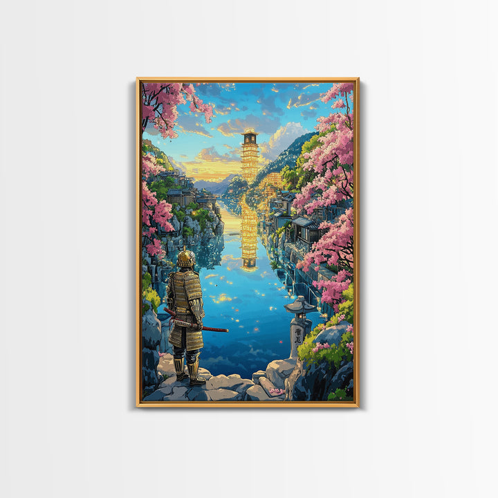 Samurai Overlooking Golden Pagoda Lake Wall Art, Japanese Cherry Blossom Canvas Print, Fantasy Landscape Home Decor Gift