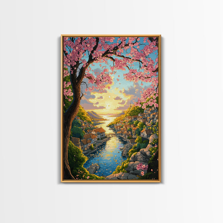 Cherry Blossom River Village Wall Art, Coastal Sunset Canvas Print, Japanese Landscape Art Print For Living Room Decor Gift