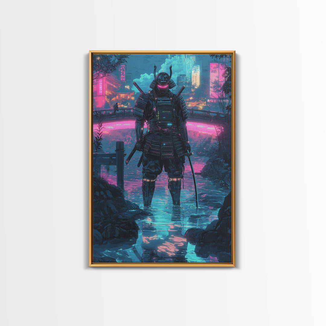 Neon Cyberpunk Samurai In Rain Wall Art, Futuristic City Canvas Print, Japanese Warrior Gaming Room Decor Gift For Him Poster