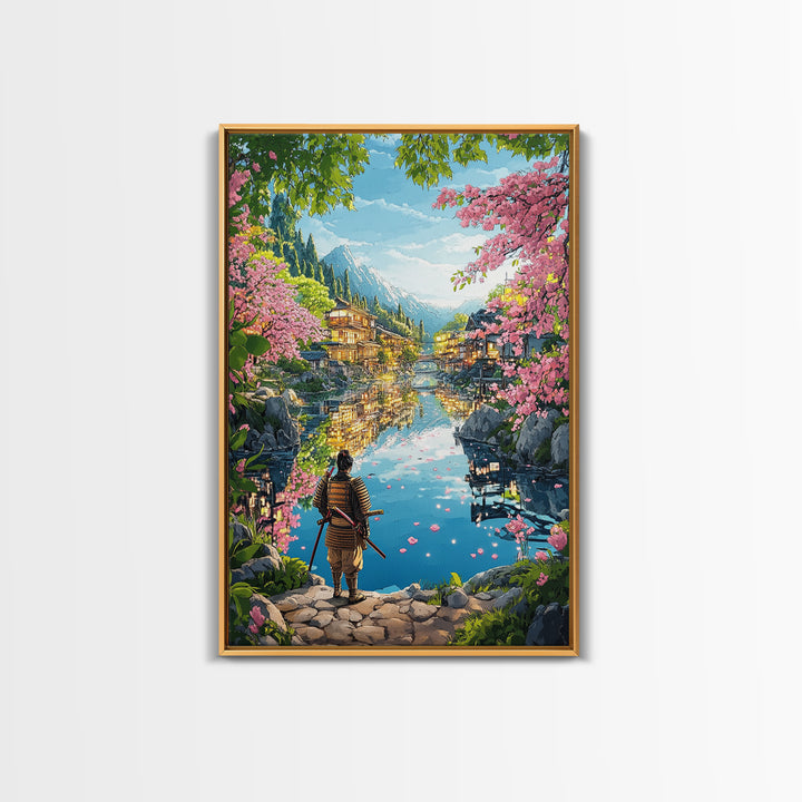 Samurai By Blossom Mountain Lake Wall Art, Japanese Village Framed Canvas Print, Serene Landscape Living Room Decor Gift