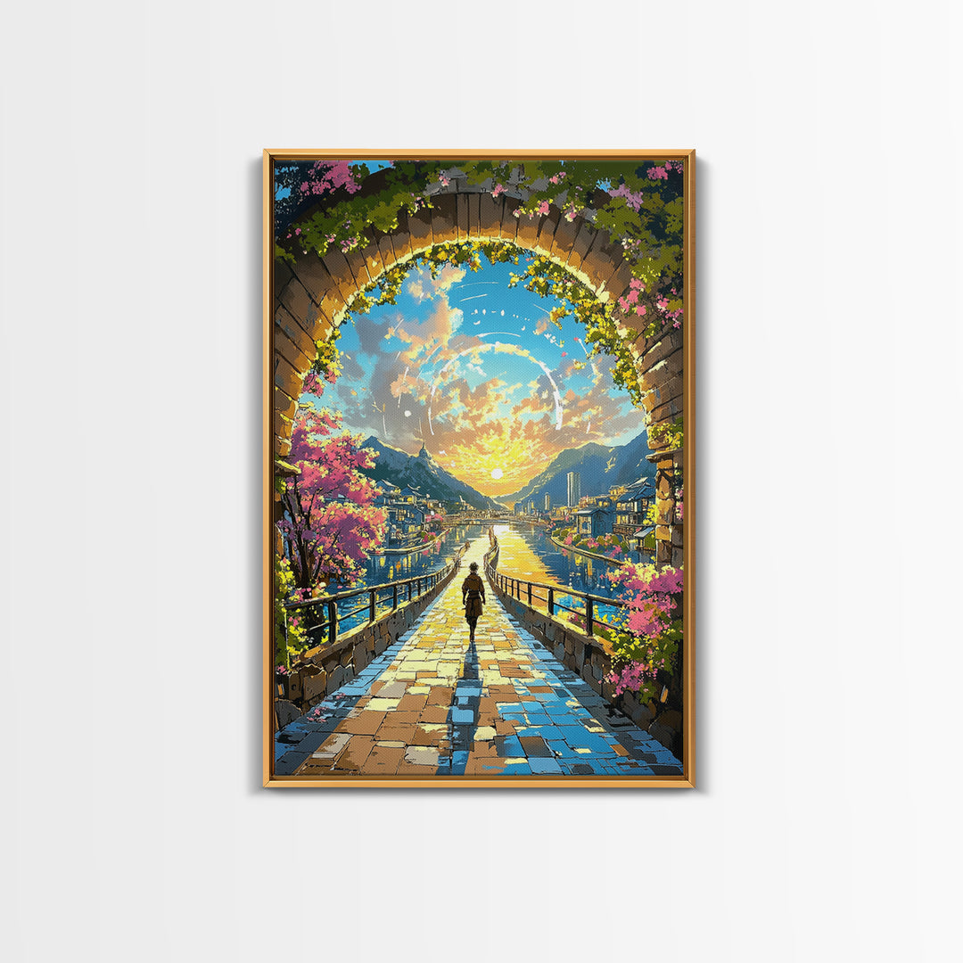 Sunlit Archway Over Canal Wall Art, Japanese Fantasy Canvas Print, Cherry Blossom Landscape Above Bed Decor Gift For Her