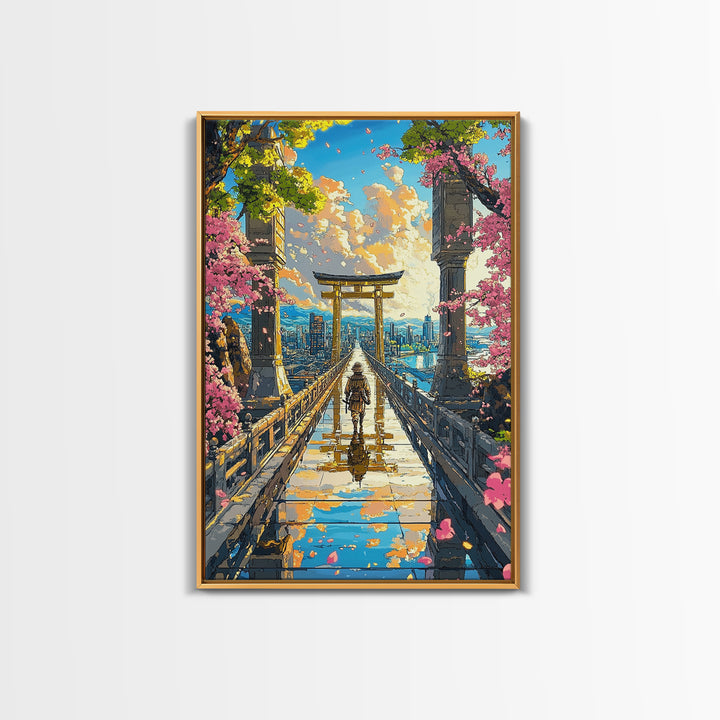 Samurai Crossing Torii Bridge Wall Art, Japanese Cherry Blossom Canvas Print, Scenic City Landscape Home Decor Gift For Her