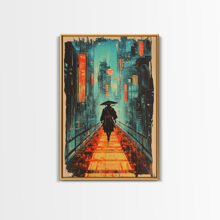 Lone Samurai With Umbrella Wall Art, Neon Cyberpunk City Canvas Print, Japanese Rainy Night Poster Home Office Decor Gift