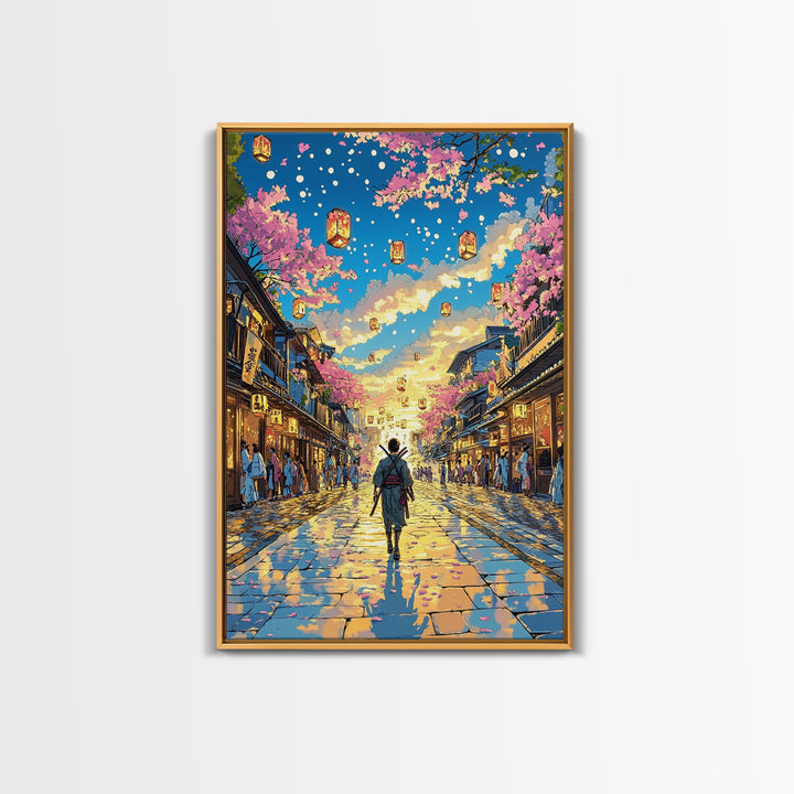 Samurai Lantern Festival Street Wall Art, Japanese Cherry Blossom Canvas Print, Colorful Anime Inspired Home Decor Gift Print