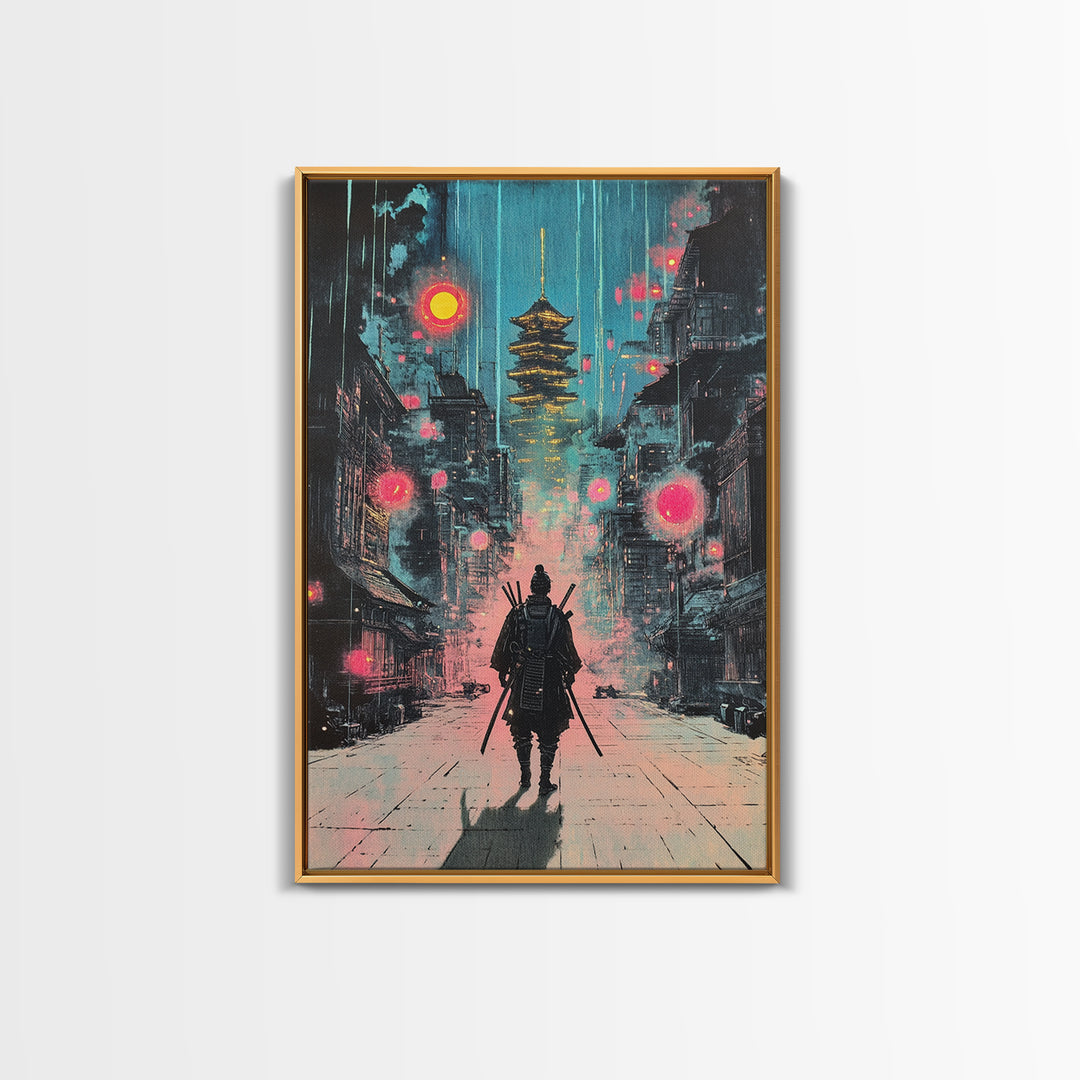Moody Rain Samurai And Pagoda Wall Art, Japanese Cyberpunk Canvas Print, Dark Neon Cityscape Office Decor Gift For Him Poster