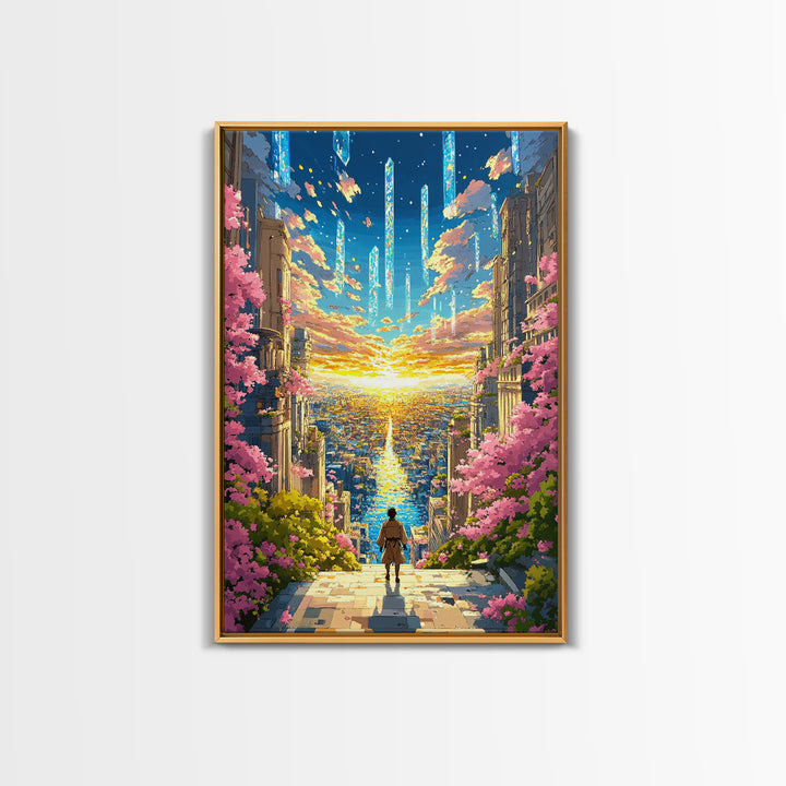 Futuristic City Sunset Vista Wall Art, Cherry Blossom Sci Fi Canvas Print, Vibrant Anime Landscape Living Room Decor Gift