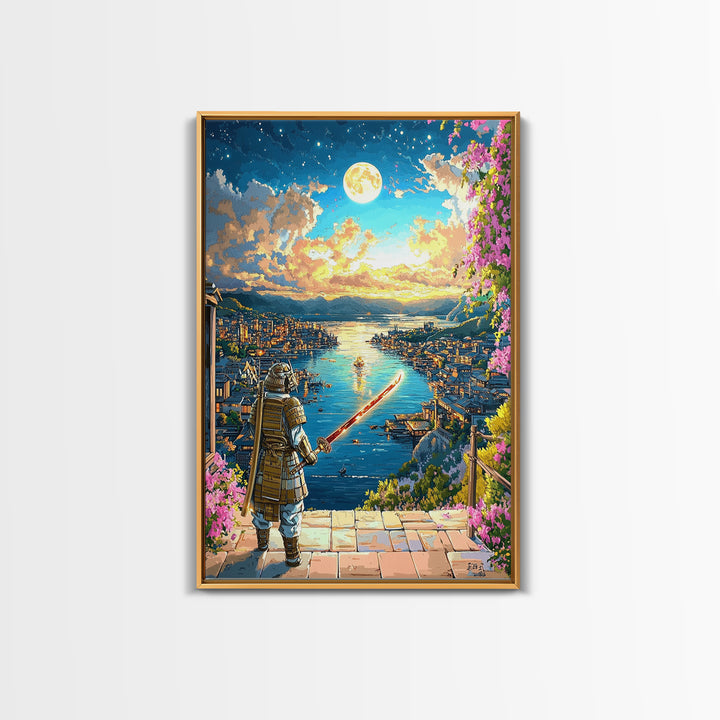 Moonlit Samurai Over Coastal Harbor Wall Art, Japanese Fantasy Landscape, Cherry Blossom Decor, Samurai Canvas, Gift For Him