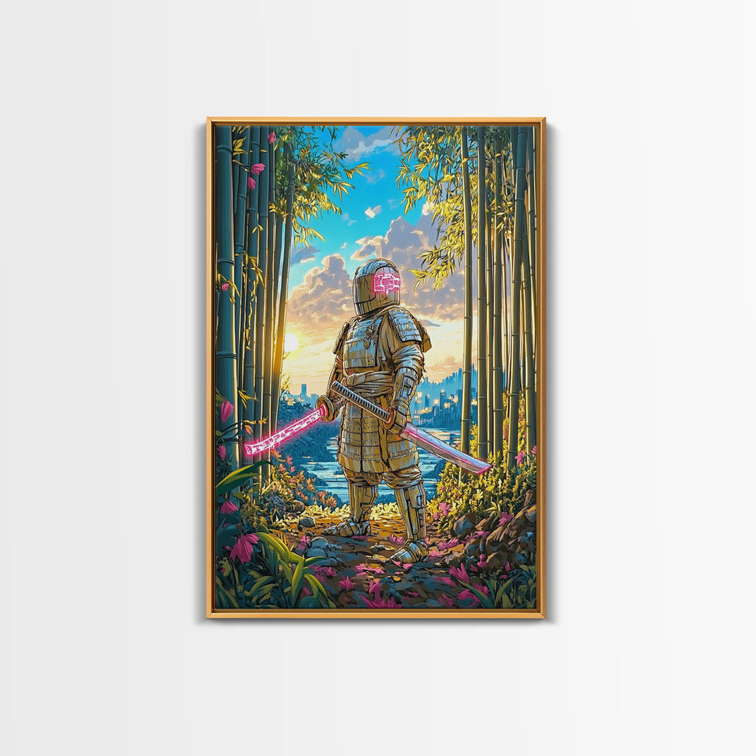Armored Samurai In Bamboo Forest Canvas Print, Japanese Wall Art, Neon Sword Landscape, Sci Fi Warrior Decor, Gift For Him