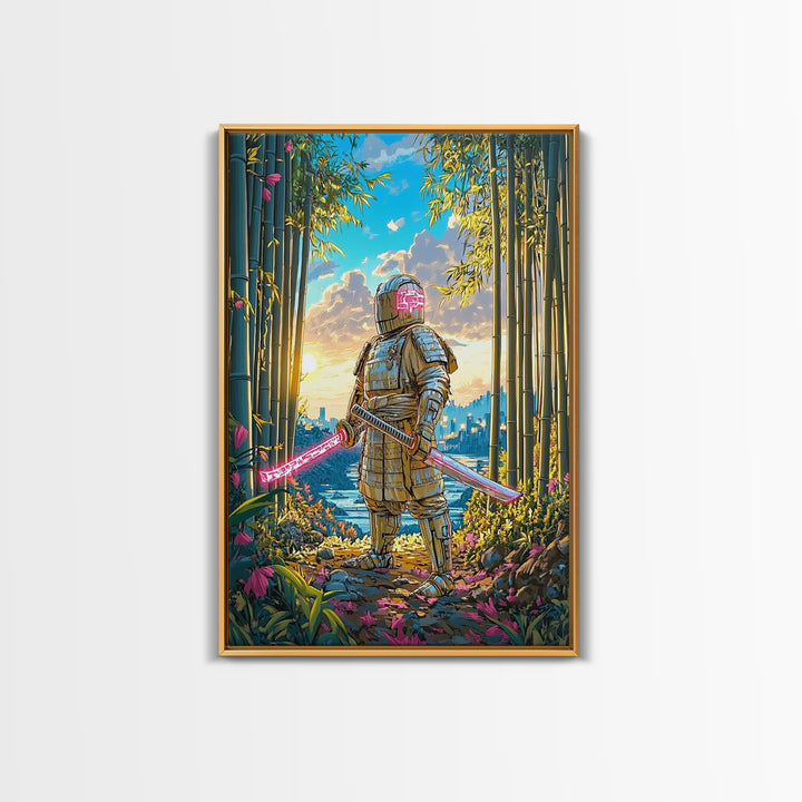 Armored Samurai In Bamboo Forest Canvas Print, Japanese Wall Art, Neon Sword Landscape, Sci Fi Warrior Decor, Gift For Him