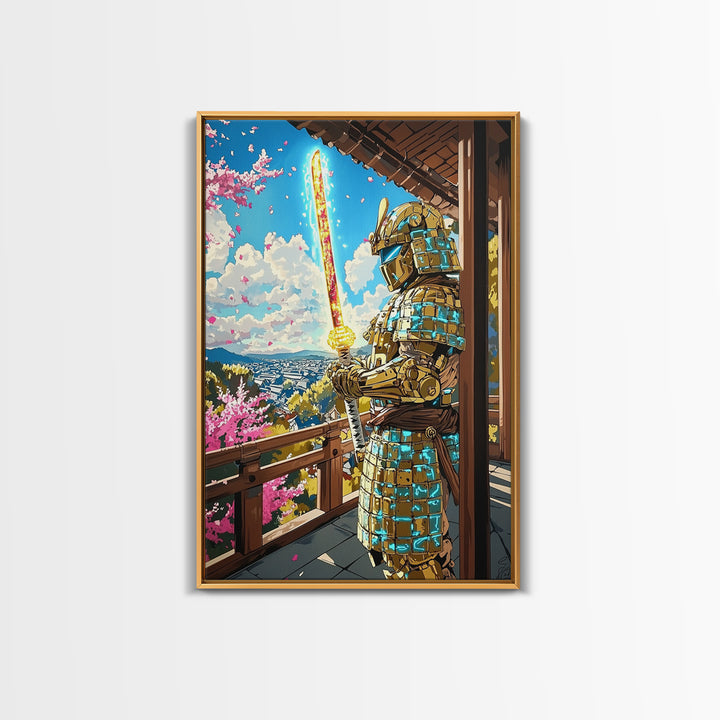 Golden Samurai On Cherry Blossom Balcony Wall Art, Japanese Seascape Print, Fantasy Warrior Wall Decor, Unique Gift For Him