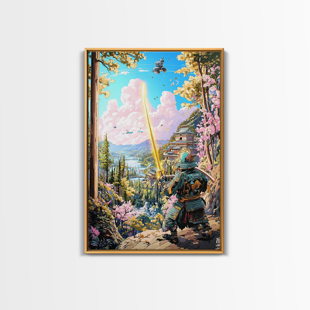 Samurai With Golden Sword Above Mountain Castle Wall Art, Japanese Landscape Print, Cherry Blossom Decor, Fantasy Wall Decor