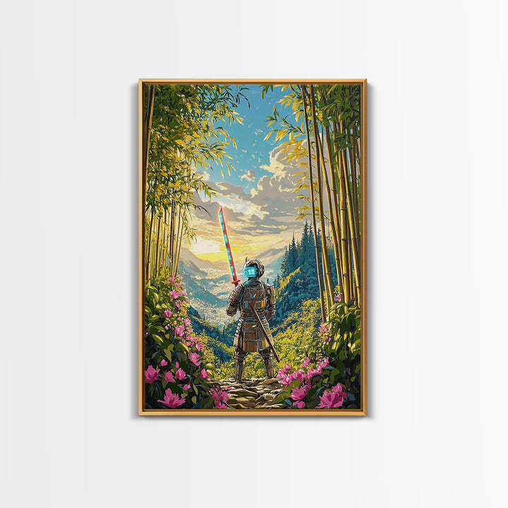 Neon Samurai In Bamboo Mountain Valley Canvas Print, Japanese Wall Art, Sunrise Landscape, Fantasy Home Decor, Gift For Him