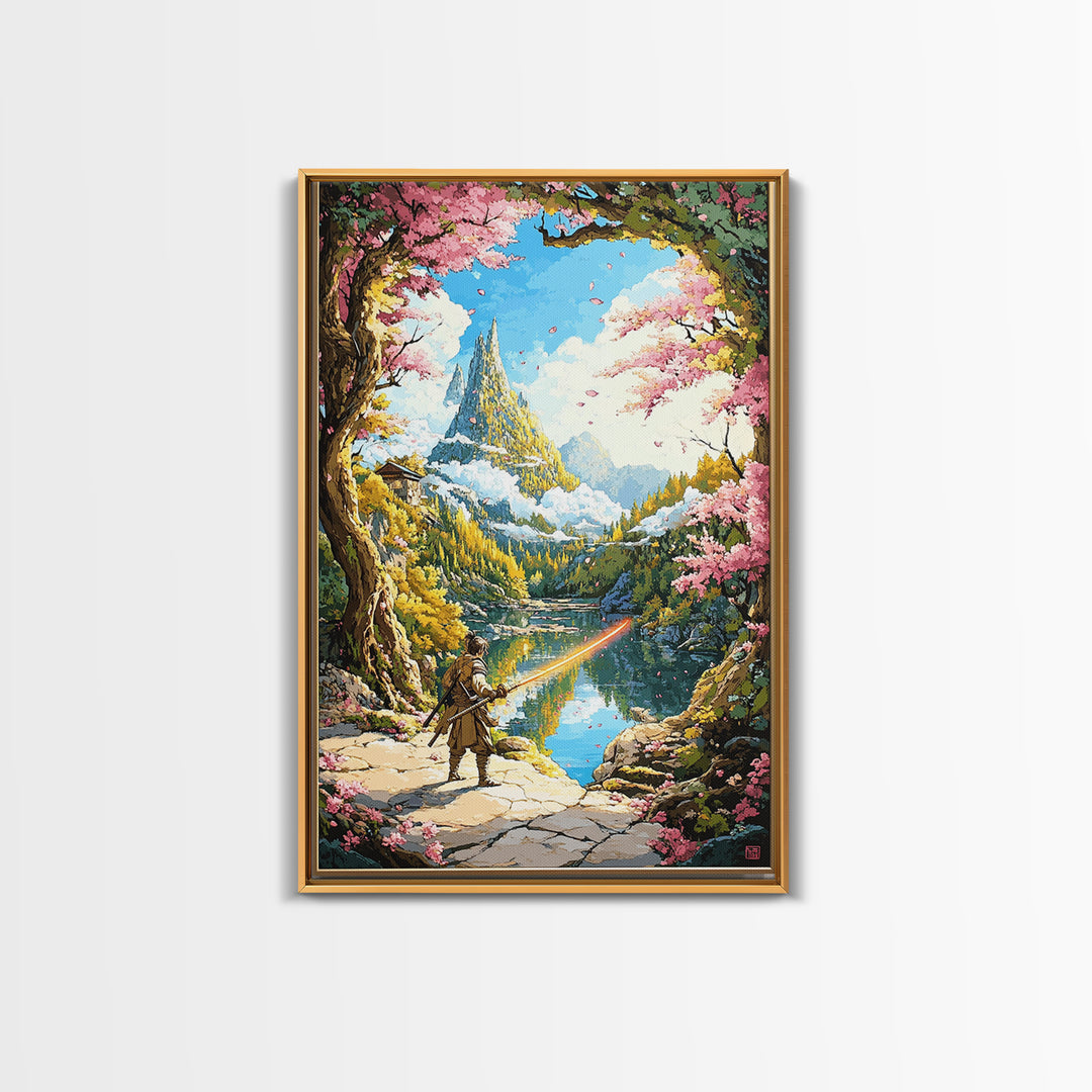 Wandering Samurai By Lake And Mountain Castle Wall Art, Japanese Fantasy Landscape, Cherry Blossom Print, Scenic Home Decor