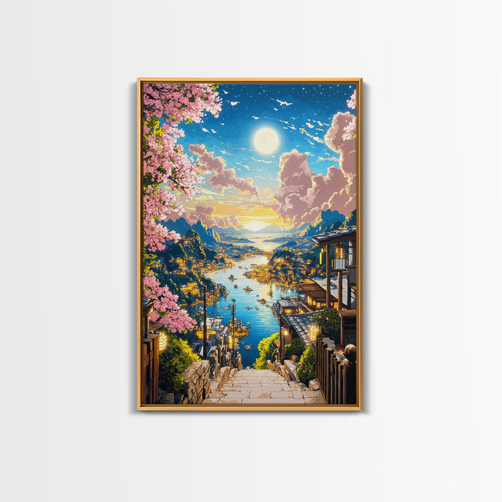 Moonlit Harbor Steps With Cherry Blossoms Wall Art, Japanese Coastal Landscape, Fantasy Seascape Print, Living Room Decor