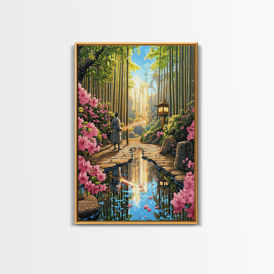 Samurai In Bamboo Garden With Cherry Blossoms Wall Art, Japanese Fantasy Canvas, Zen Landscape, Living Room Decor, Home Decor Gift