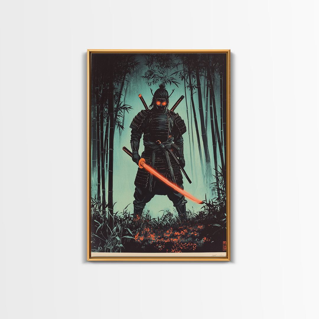 Dark Samurai In Bamboo Forest Framed Canvas Print, Japanese Warrior Wall Decor, Cyberpunk Fantasy Art, Gift For Him, Moody Office Decor