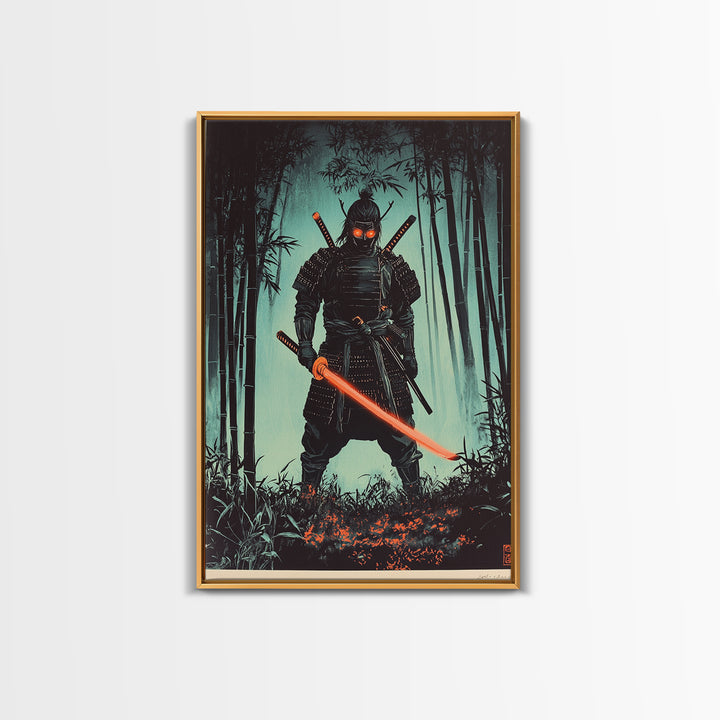Dark Samurai In Bamboo Forest Framed Canvas Print, Japanese Warrior Wall Decor, Cyberpunk Fantasy Art, Gift For Him, Moody Office Decor