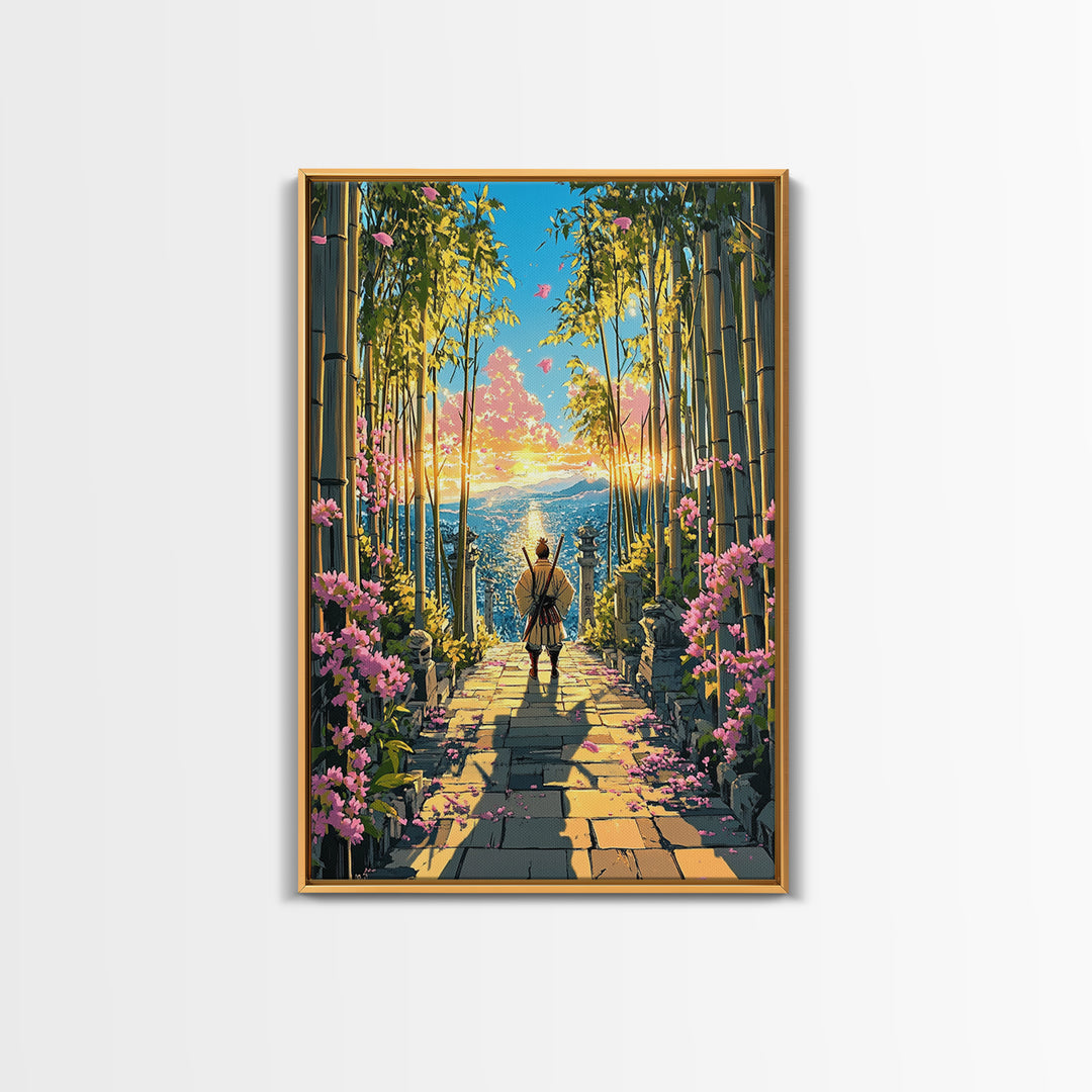 Lone Samurai On Bamboo Path At Sunrise Wall Art, Japanese Landscape Canvas, Cherry Blossom Decor, Zen Living Room Art, Housewarming Gift