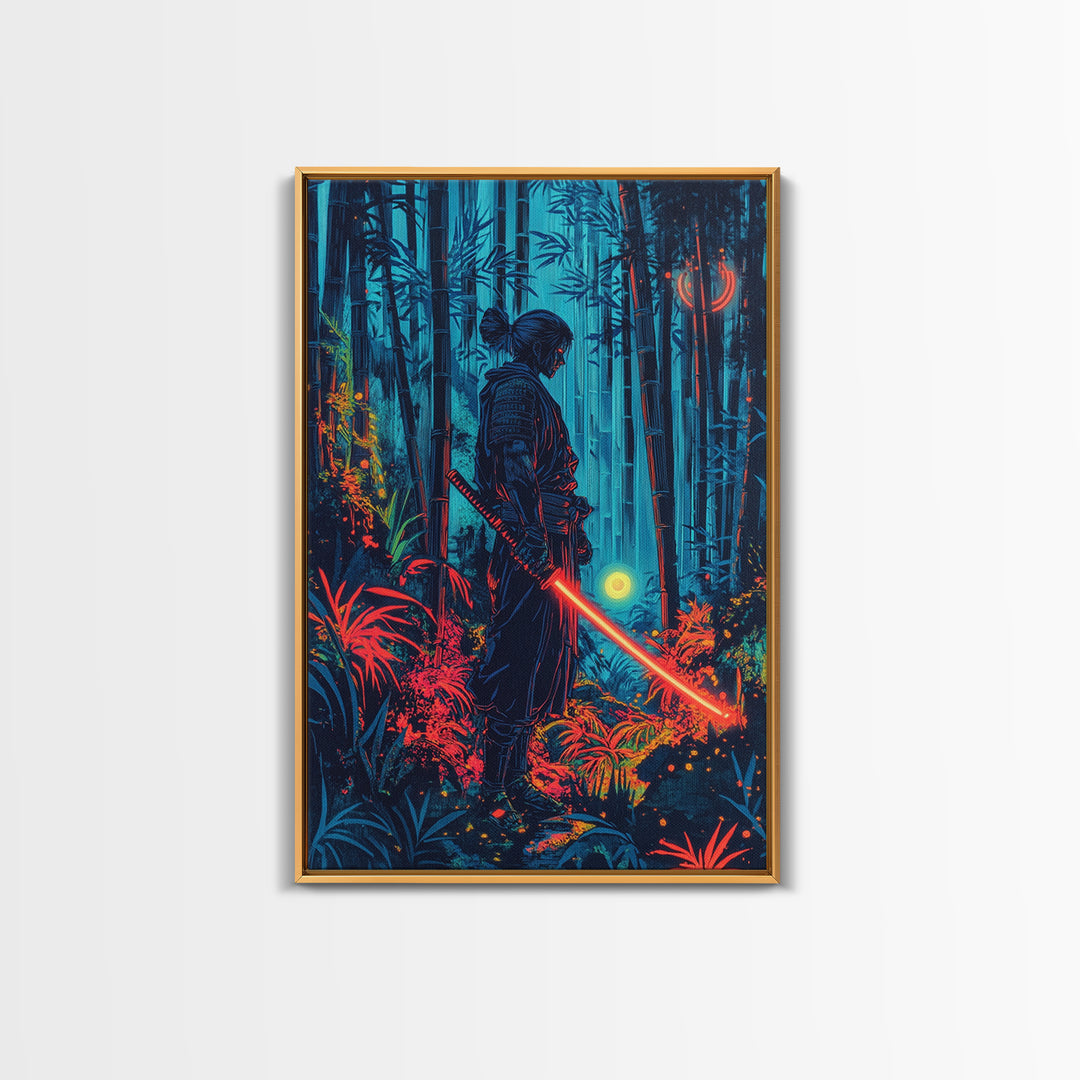 Neon Samurai In Blue Bamboo Forest Canvas Print, Cyberpunk Japanese Wall Art, Dark Fantasy Decor, Gaming Room Gift For Him