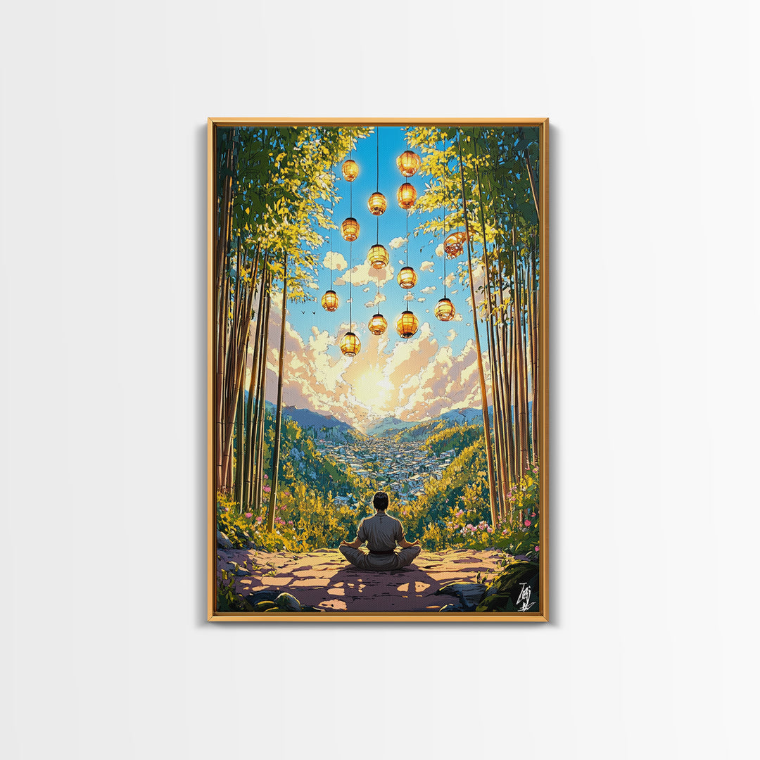 Meditating Figure In Bamboo Valley With Lanterns Wall Art, Zen Landscape Canvas, Japandi Decor, Calm Meditation Room Art