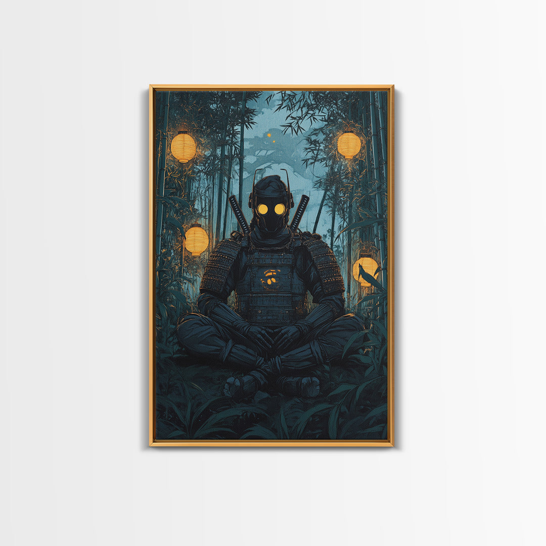 Masked Samurai Meditating In Bamboo Forest Framed Canvas Print, Dark Japanese Wall Art, Zen Warrior Decor, Gift For Him, Man Cave
