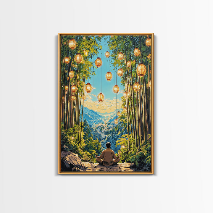 Lantern Lit Bamboo Meditation Mountain Wall Art, Japanese Zen Decor, Spiritual Nature Print, Calming Office Living Room Decor