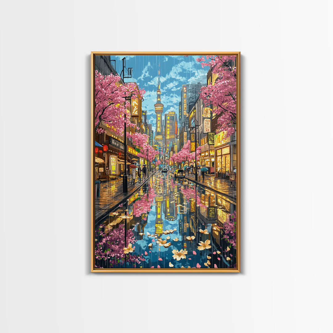 Rainy Tokyo Cherry Blossom Street Wall Art, Japanese Cityscape Print, Neon Urban Travel Poster, Modern Living Room Decor