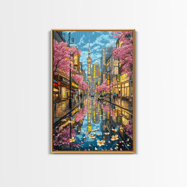 Rainy Tokyo Cherry Blossom Street Wall Art, Japanese Cityscape Print, Neon Urban Travel Poster, Modern Living Room Decor