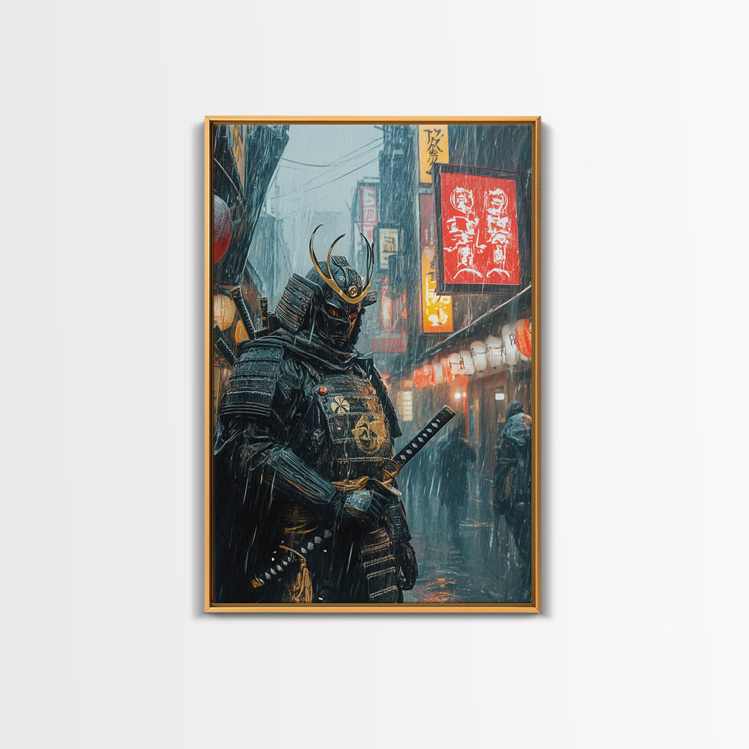 Armored Samurai In Rainy Neon Alley Canvas Print, Japanese Warrior Wall Art, Cyberpunk Decor, Dramatic Office Poster Gift For Him