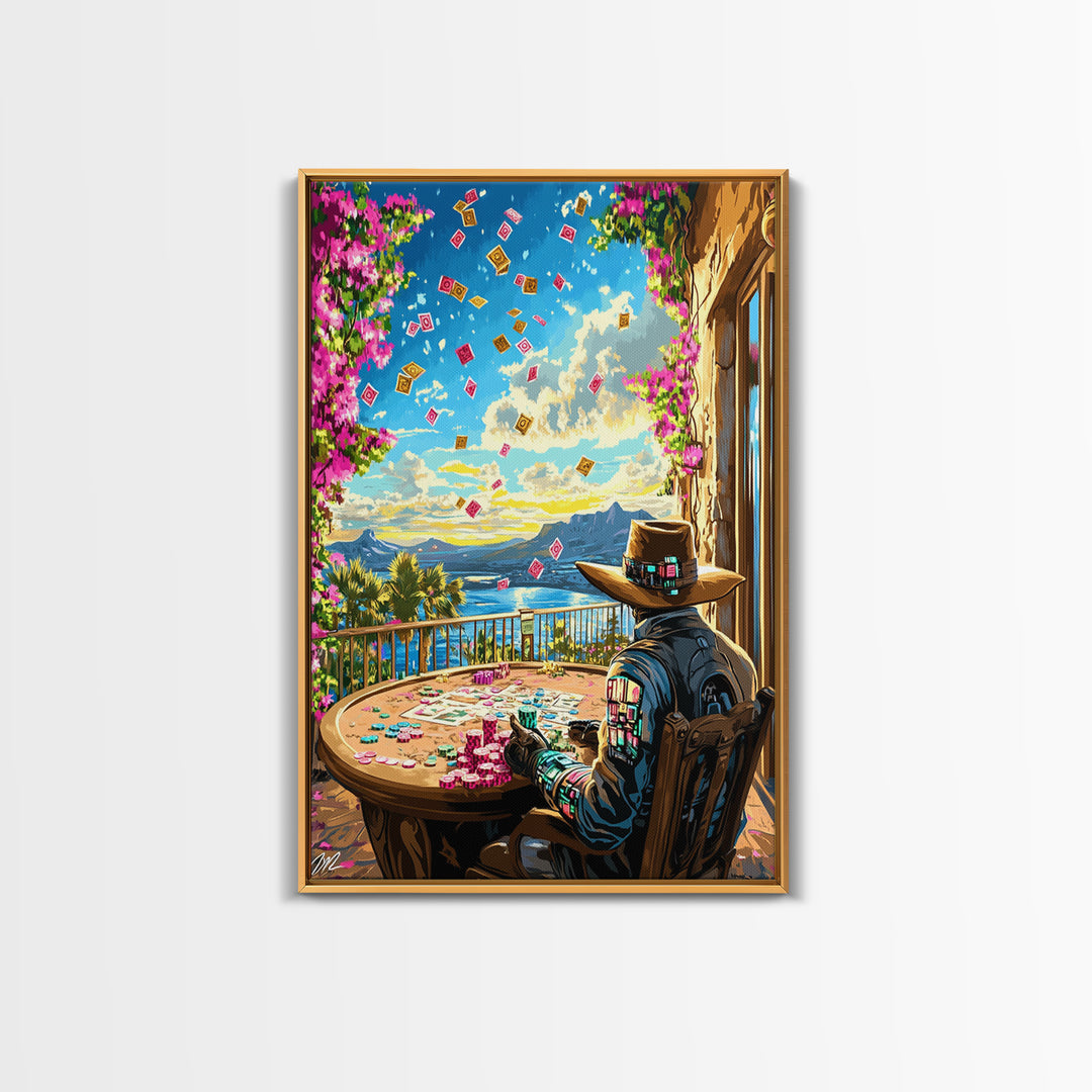 Cyber Cowboy Poker Terrace Wall Art, Southwestern Desert Canvas Print, Futuristic Western Decor, Game Room Unique Gift For Him