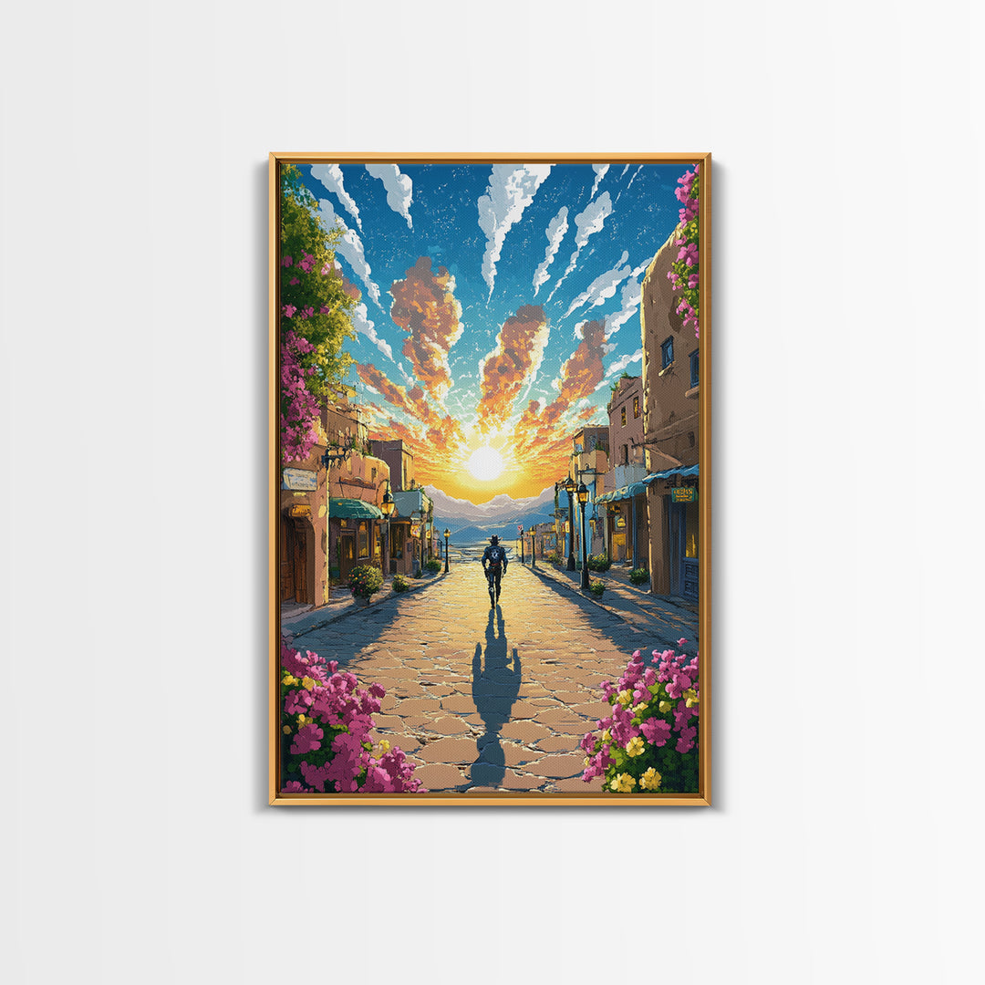 Golden Sunrise Cobblestone Village Wall Art, Mediterranean Landscape Print, Travel Poster, Warm Entryway Home Decor, Living Room Decor