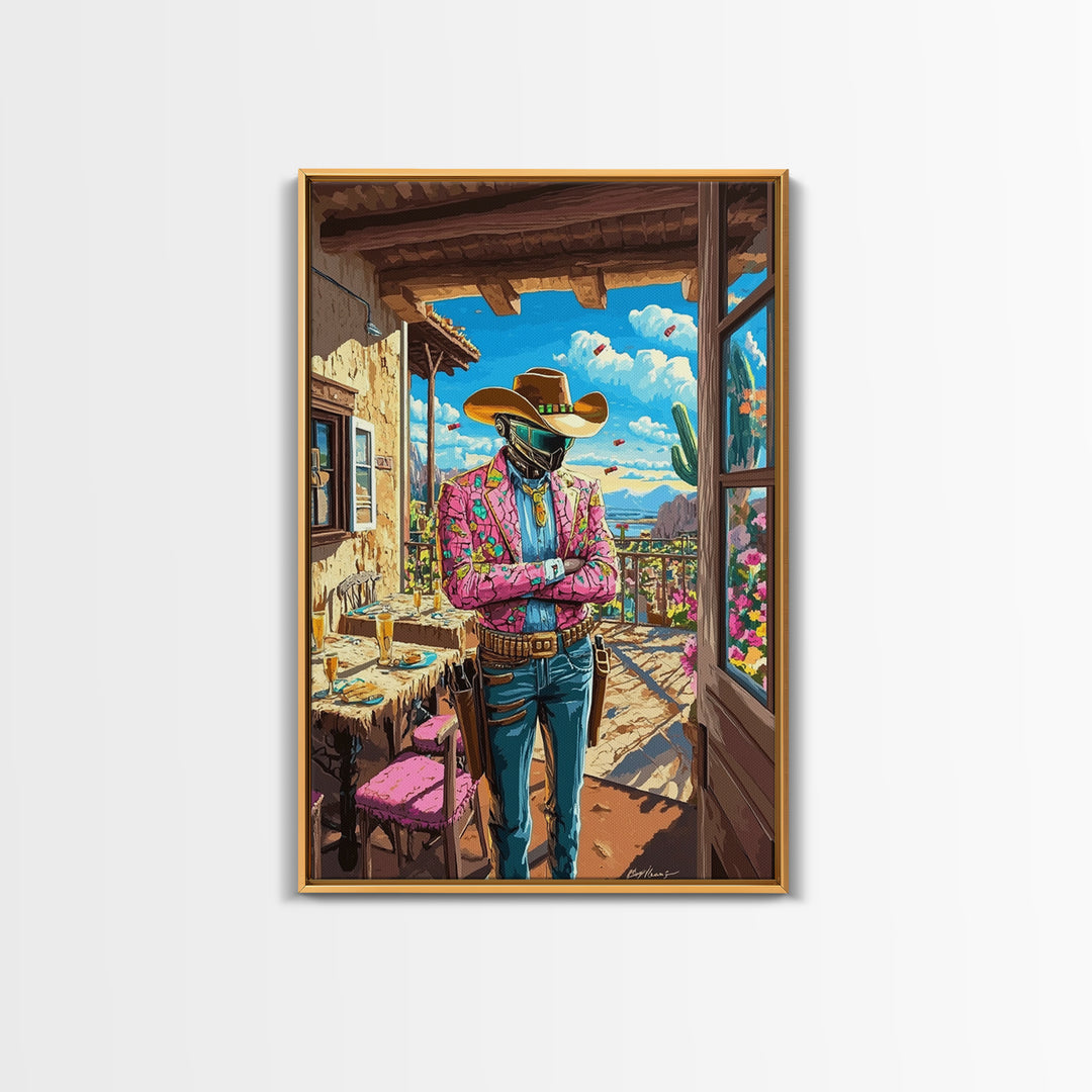 Floral Jacket Cyber Cowboy Portrait Wall Art, Futuristic Western Canvas Print, Desert Fashion Poster, Bold Maximalist Decor