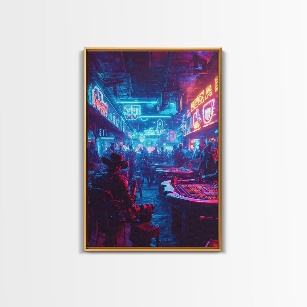 Blue Pink Neon Western Casino Bar Wall Art, Cyberpunk Poster, Futuristic Gaming Room Decor, Man Cave Gift For Him, Trendy Sci Fi Home Decor