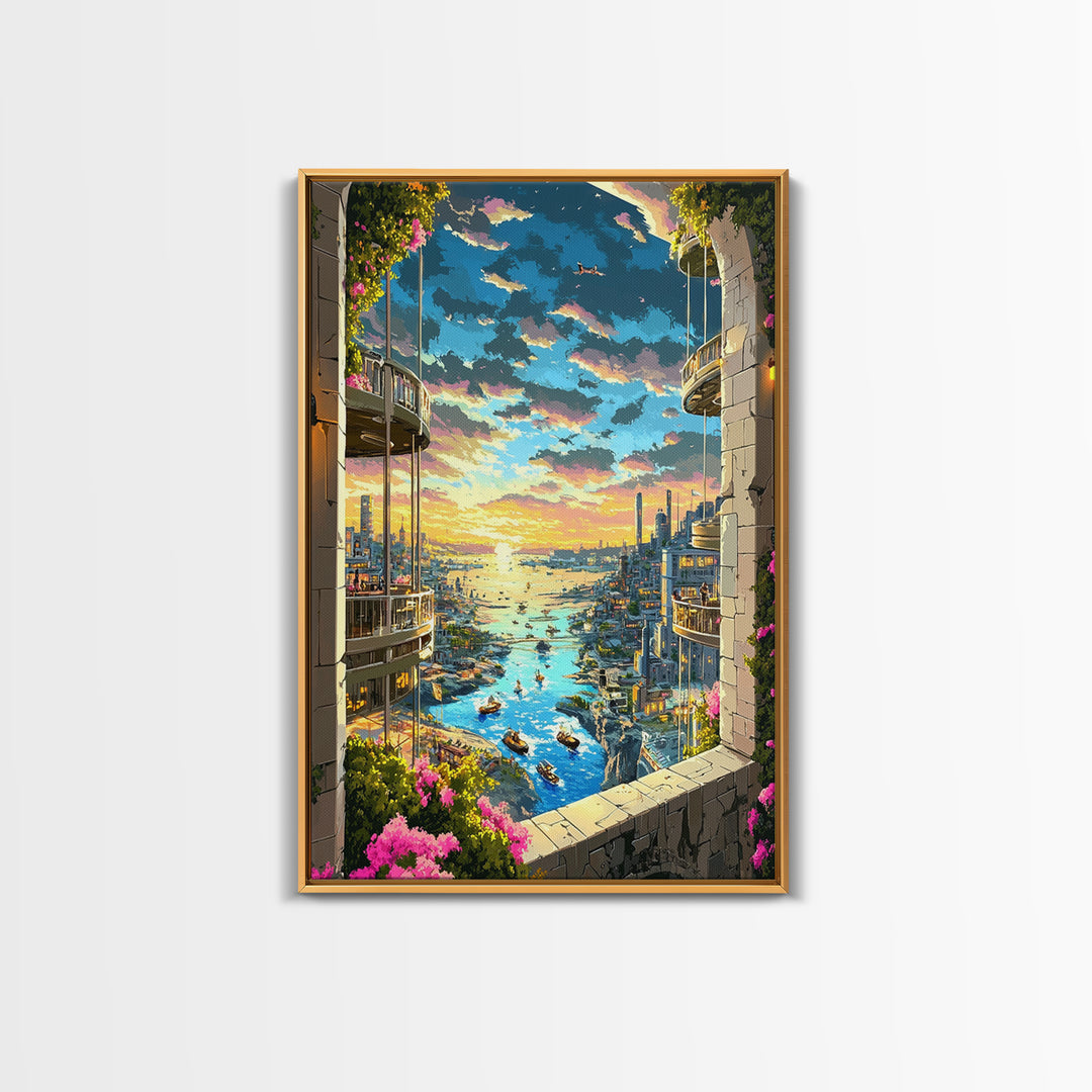 Sunset Harbor City View Between Balconies Framed Canvas Print, Coastal Wall Art, Fantasy Landscape, Above Bed Decor, Living Room Decor