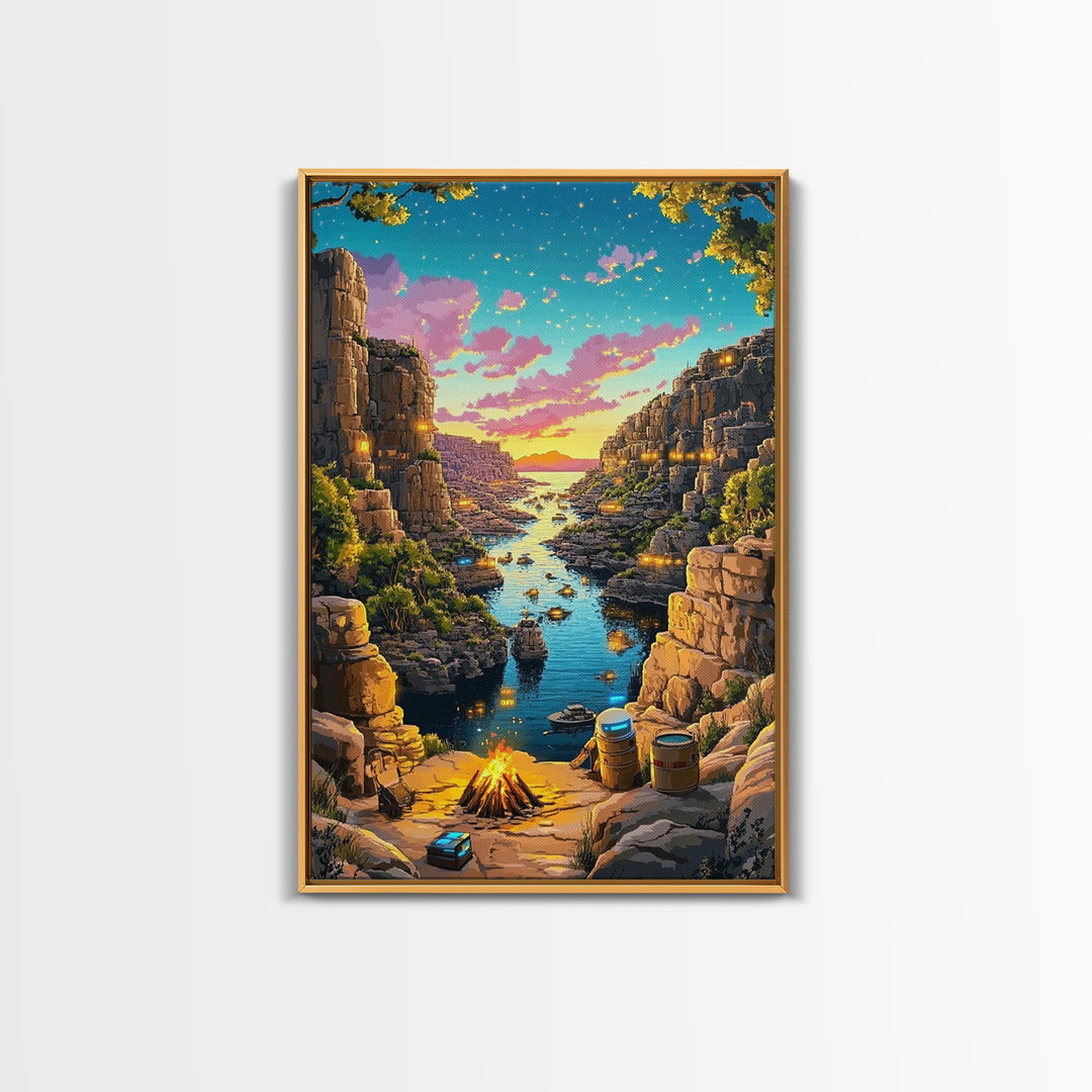 Starry Canyon River Camp At Sunset Canvas Print, Fantasy Wall Art, Adventure Landscape, Rustic Cabin And Game Room Decor