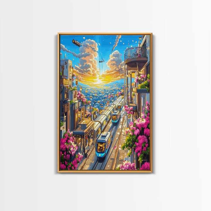 Sunset City Train Tracks With Flower Balconies Canvas Print, Futuristic Wall Art, Urban Travel Poster, Modern Home Decor