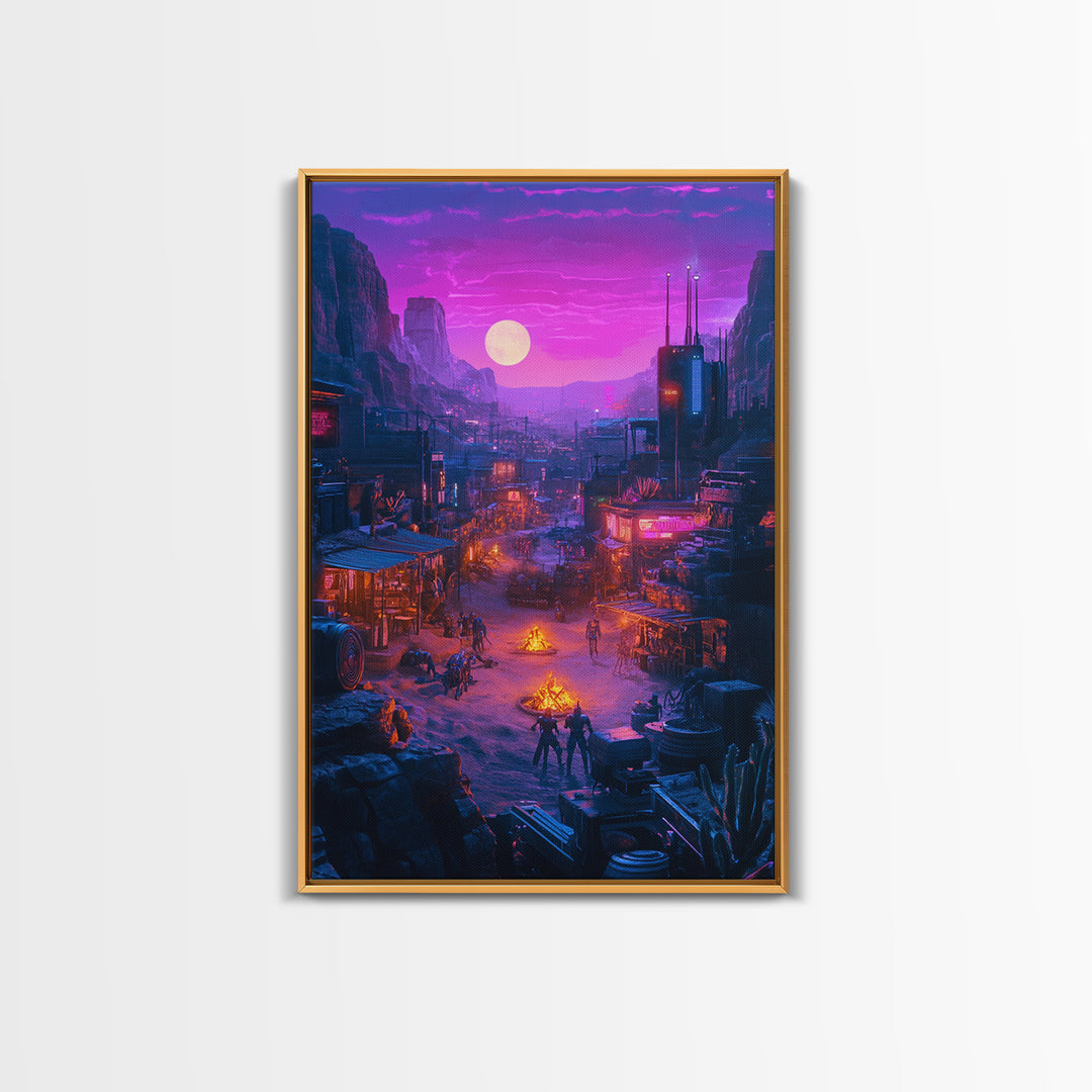 Purple Moon Cyberpunk Desert Settlement Wall Art, Sci Fi Western Poster, Dystopian Landscape, Gaming Room Decor Gift For Him
