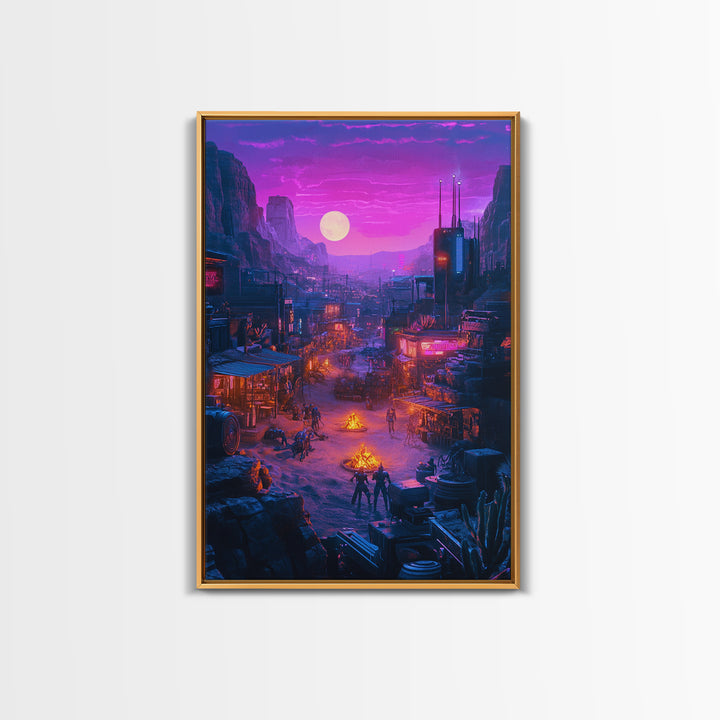 Purple Moon Cyberpunk Desert Settlement Wall Art, Sci Fi Western Poster, Dystopian Landscape, Gaming Room Decor Gift For Him