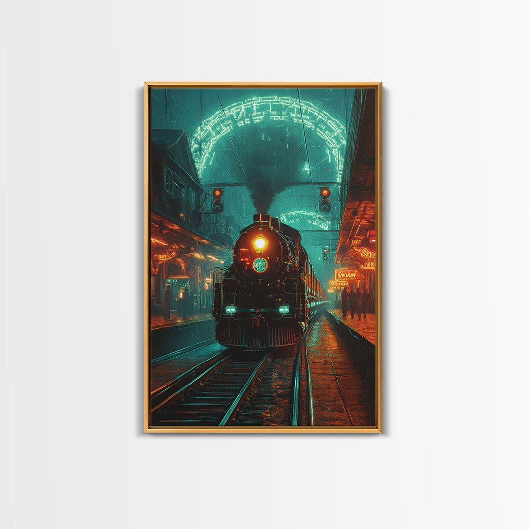 Steampunk Train Station Framed Canvas Print, Futuristic Wall Art, Sci Fi Decor, Industrial Travel Poster For Office Decor
